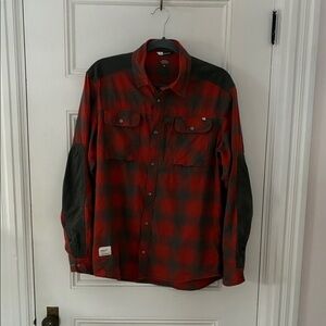 Norrona Svalbard Red and Gray Plaid flannel shirt size medium fits small